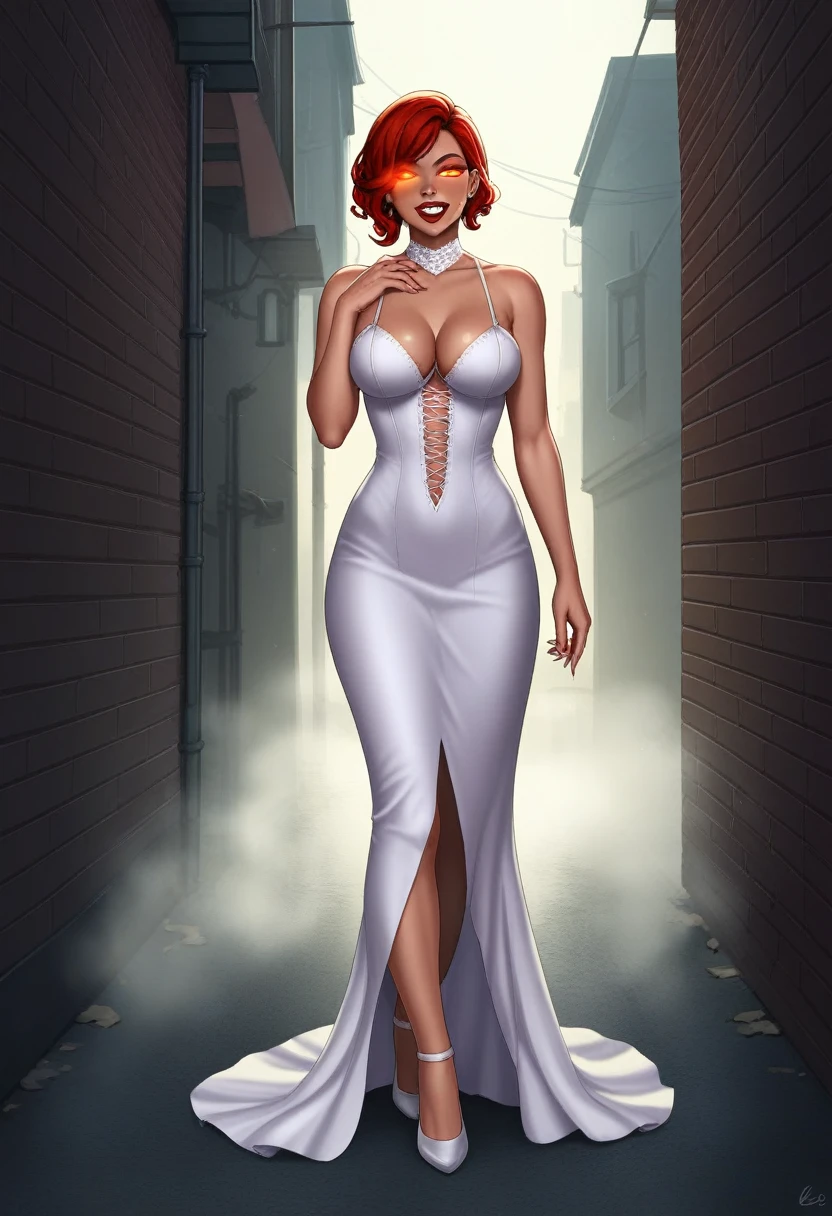 fantasy comic art ((fog: 1.3)) hiding female vampire, you only see a pair of glowing pink glowing eyes )) full body picture, (((the fog hides the face))), red lips, busty, stains of blood,  blond hair, vampire teeth: 1.5) white glamour dress, you see only the glowing eyes , you see only the pair of eyes, fantasy dark alley background, the fog fills the alley, you see only the glowing eyes 