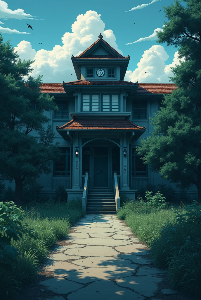 A sad japanese school abandoned who the atmospher is very dark, outside of the school views anime style, the school entrance
