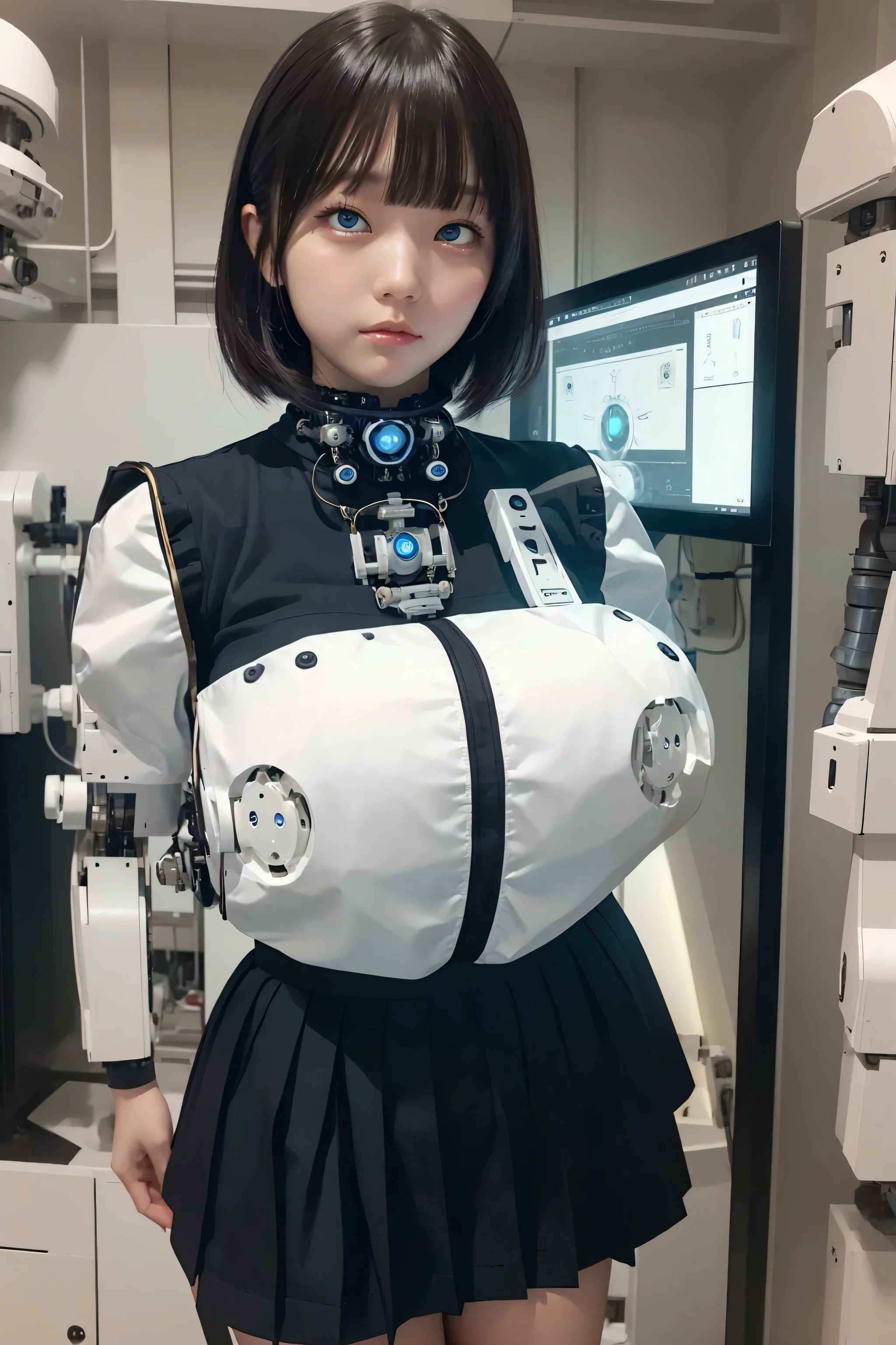 masterpiece, best quality, extremely detailed, Japanese android girl,Plump ,control panels,Mechanical Hand,Robot arms and legs, robot assembly plant,white robot body,blunt bangs,skirt,black knee high socks,blue  eyes,rolling eyes