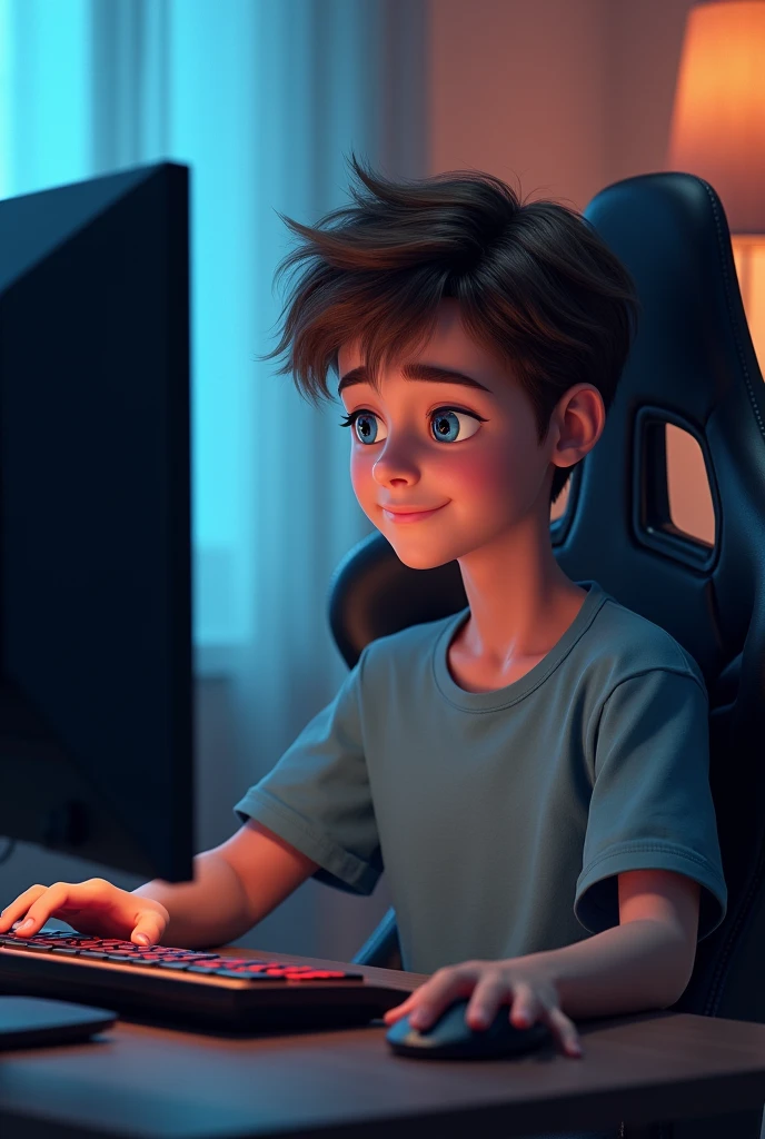 A age boy with brown hair playing on the computer in a gamer chair, with your hand on the mouse and the room in the background and facing the computer, he facing the monitor, monitor in front of him