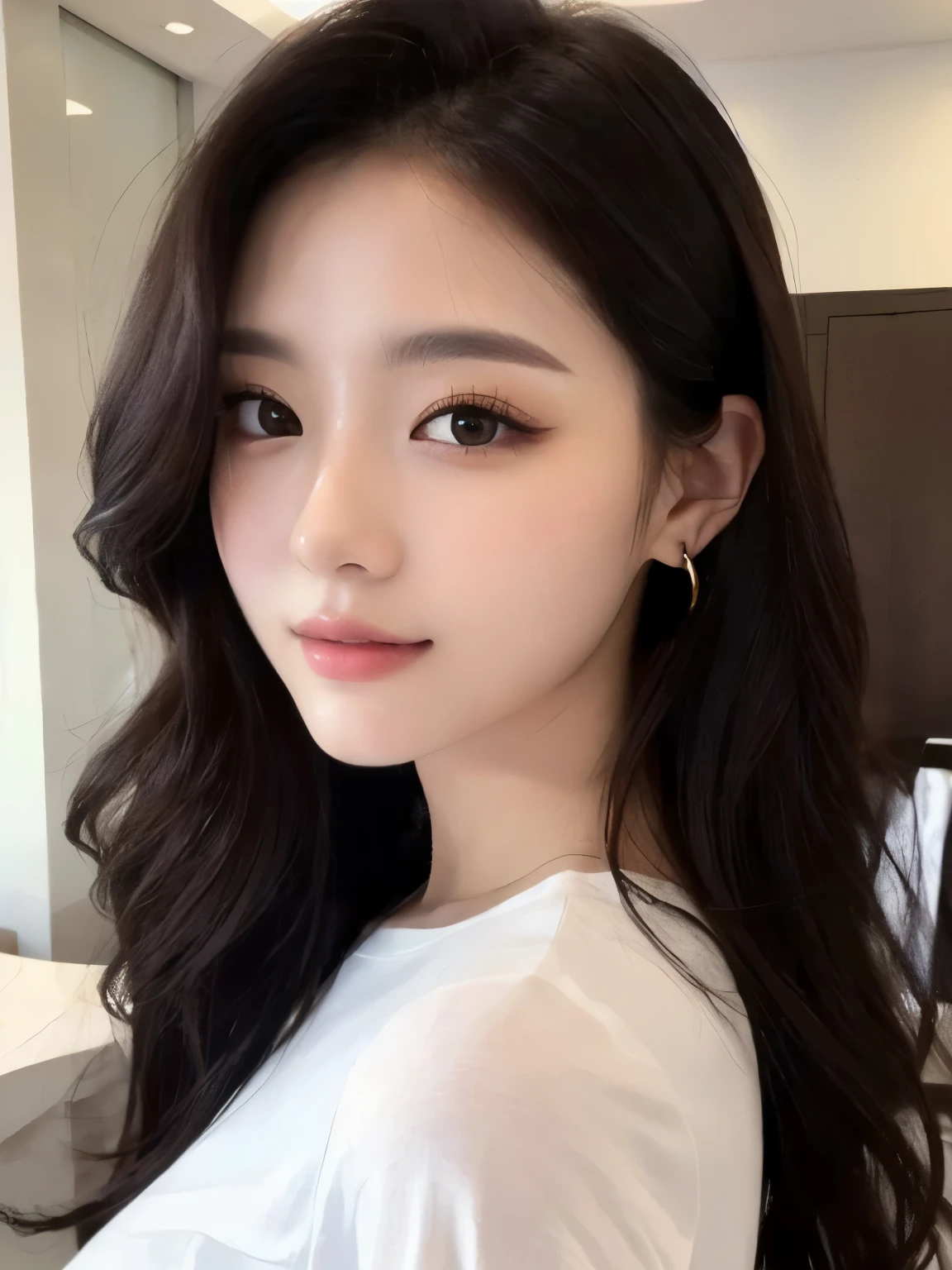 masterpiece、Highest quality、Realistic、超High resolution、High resolution、16k wallpaper、Very detailed、Finer details、Bright studio lighting、18-year-old female、Realistic Skin、((Dark Eyes))、Fine eyelashes、Mouth details、Translucent white skin、Platinum gold earrings、a woman with long hair and a white shirt posing for a picture、Tweiss'Tzuyu, Popular Korean makeup, Beautiful Korean Women, Young and adorable Korean face, かわいいKorean女優, Beautiful young Korean woman, ワン愛らしいKorean顔, Jaeyoung Nam, With a cute face, Korean, Korean facial features