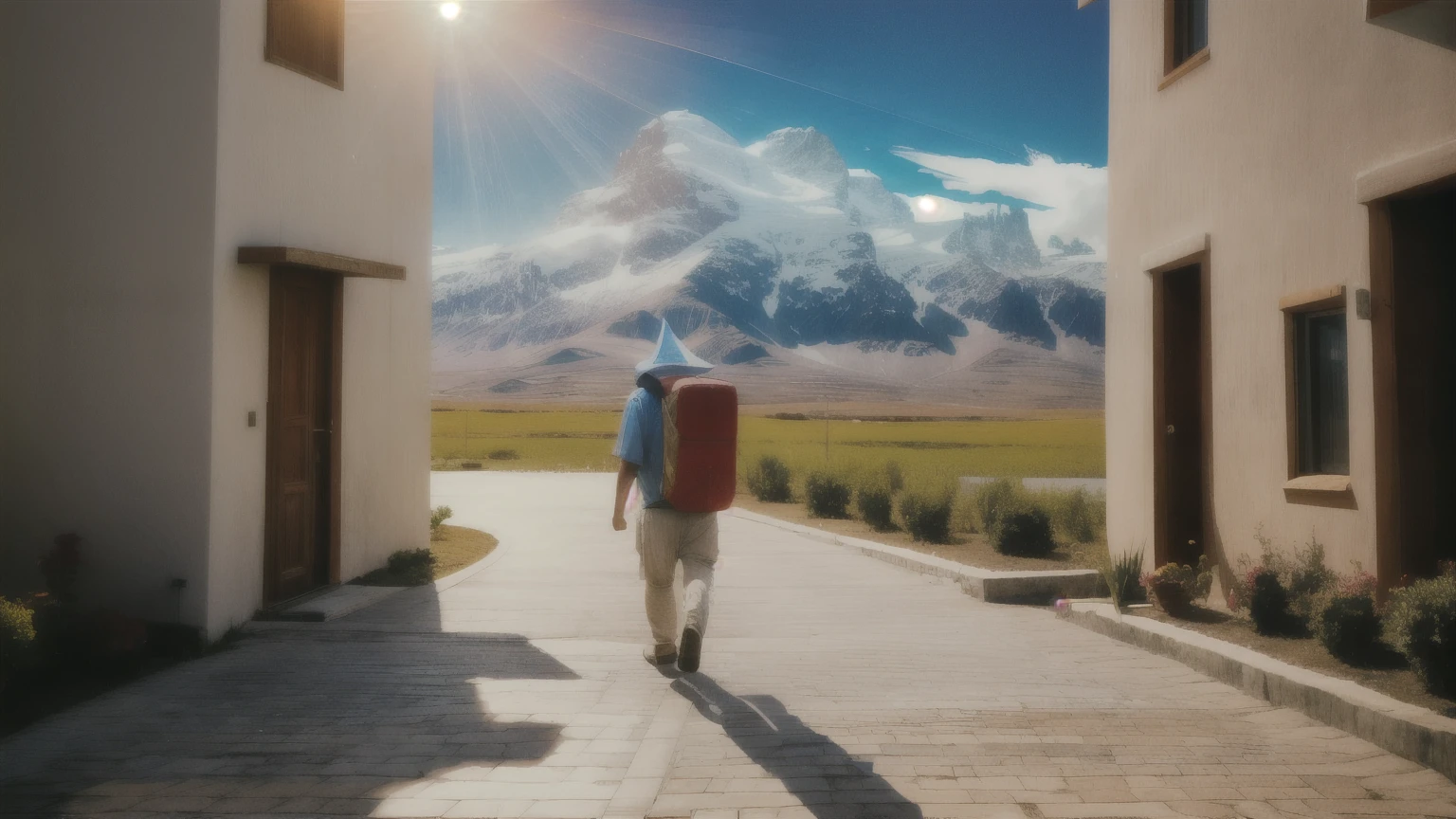 An image of a traveler, After a long journey, returning to his home. He could be welcomed with joy by his family or by a figure representing the Divine.
