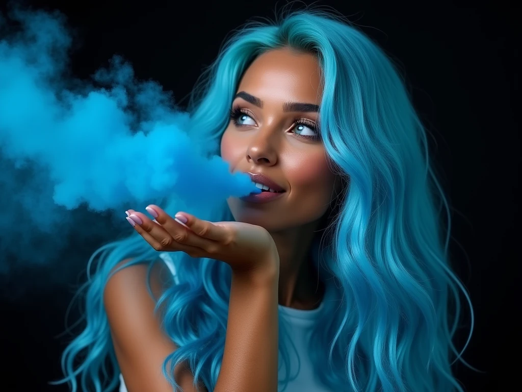 a beautiful biracial latina woman, long wavy light blue hair, light blue eyes, look and blow on the side A bunch of blue powder holding in her hand forming a big blue fog in the air, black background, Gros Plan, Sourire Léger,
