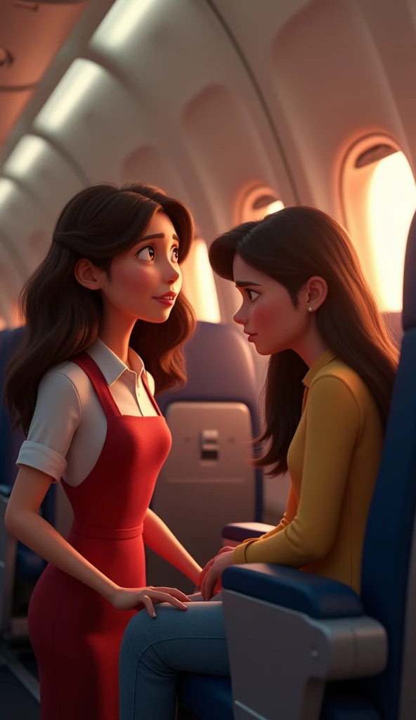 A flight attendant with brown hair talking to a sad young woman on an airplane checking the cabin, 3d , pixar style, cinematic, masterpiece, realistic