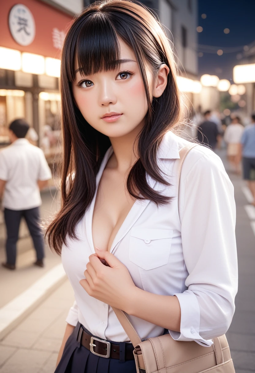 8k, raw photo, best quality, masterpiece, realistic, photo realistic, clear, professional lighting, beautiful face, best quality,ultra high res, realistic japanese beautiful, Super detailed, detailed fingers, solo,  1girl,  bangs, shiny hair, detailed hair, medium breasts, curvy, scenery,  casual wear, tokyo town, blush