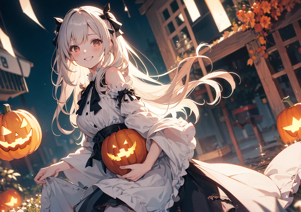 Realistic photos, Focus distance 10mm, Red and white, Beautiful girl, Realistic photos, Shooting at focus distance 10mm, masterpiece, 最high quality, high quality, Very detailed CG 8k wallpaper unit, Award-winning photography, Depth of written boundary, High resolution, bloom, chromatic aberration, Realistic, Very detailed, Art Station Trends, CGsociety Trends, Complex, High detail, dramatic, Art on the go, volumetric lighting, A cute ghostly beauty girl is smiling and holding a pumpkin lantern on Halloween night. She is wearing a fluffy white dress and has a small black ribbon in her hair. A full moon is shining in the background and little ghosts are flying around happily around her
