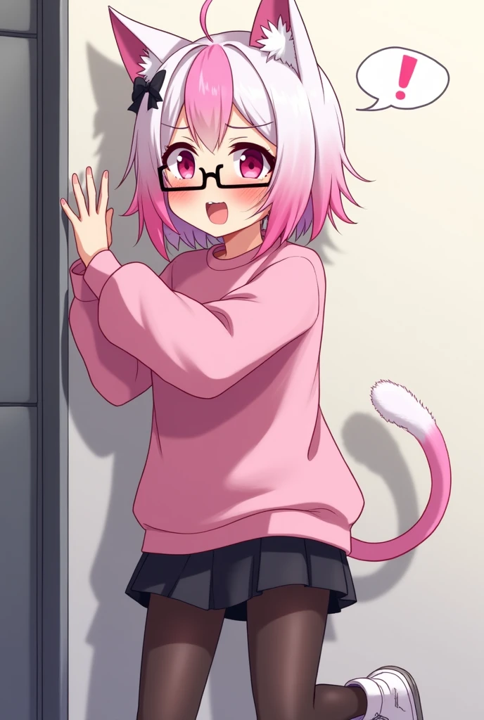 I have pink white hair, cat ears, a bow, My face is super blushing, black glasses, pink heart eyes, a big pink sweatshirt, a skirt under her skirt a black short, black stockings, White shoes, a cat's tail, A very shy girl I'm hitting you against a wall grabbing her butt