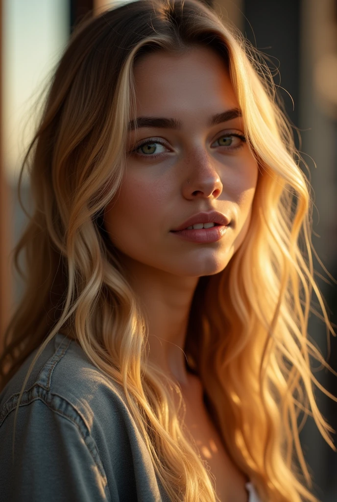 Une jeune et belle femme de 20 ans, coiffure long cheveux blonds, grands yeux verts regard perçant, à la peau claire, gros seins parfait, De face dans un rue. pas au courant de la photo L'environnement est éclairé par des lumières chaudes et agréables.. vu éloignerfais briller tes cheveux, Son visage était naturellement serein., lèvres avec rouge à lèvres, Texture 8k, très détaillé, réaliste, lumière douce et cinématographique, HDR, netteté, chef-d'œuvre, Fotor est réaliste, photographie primée, un Canon EOS R5, 35 millimètres
