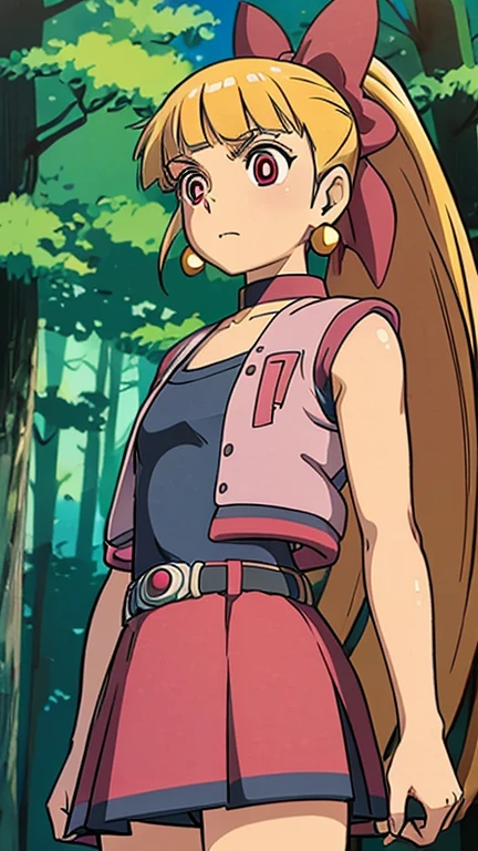 (Teens:1girl: ppgzbs), (extremely detailed CG unit 8k wallpaper),(master part), (best quality), (ultra detail), (best illustration),(GHIBLI_Background), cowboy shot, (Sharp eyeliner, ombre, detailed eyes:1), forest, outdoor, ,break , (StudioGhibliStyleHMC)), upper body, red eyes, long hair, ponytail, hair bow, blunt bangs, earrings, black choker, pink vest, red skirt, belt,