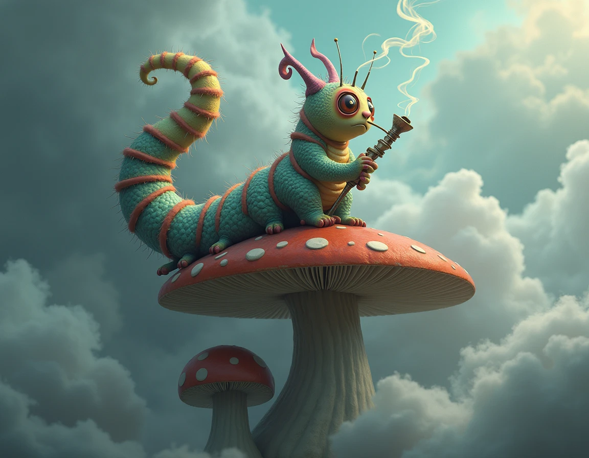Do a image of the character "The caterpillar" of the movie alicia on the wonderful world and the backround with clouds color gray and blue