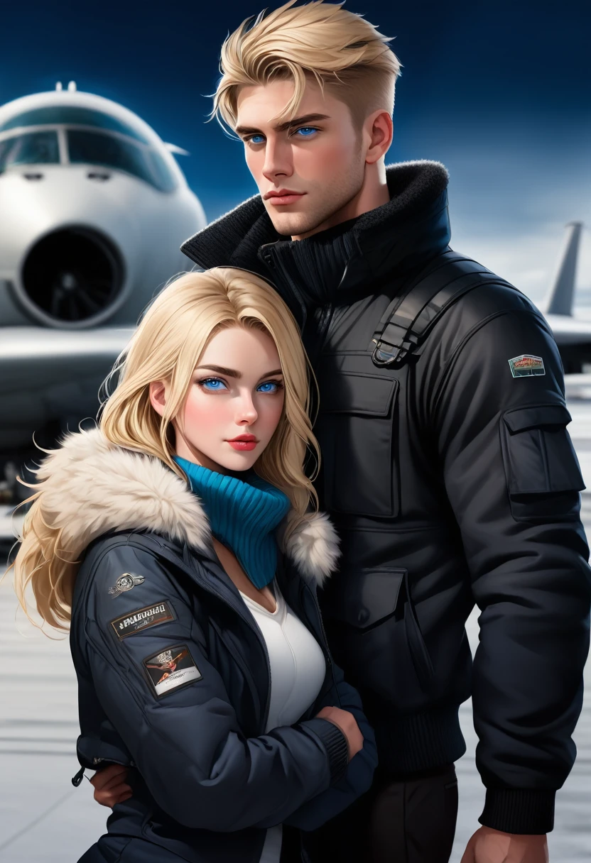 A handsome man, virile body, blonde hair in a masculine and modern cut, blue eyes with a girl with black hair at his side. Both are wearing cold weather clothes and are in front of a large aircraft about to take off 