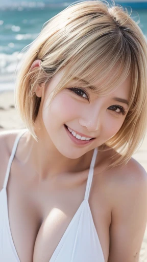 (Highest quality、8k、32K、Masseter region、Ultra-high resolution:1.2)、Cute Japanese Women Photos、1 person、(Huge boobs)、(Tall Woman)、(Abdominal muscles)、(The repos is closed、(Medium short blonde)、smile、double eyelid、Wet Skin、String、Realistic light rays、Beach