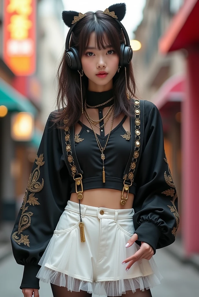 Black cropped long-sleeved blouse with gold details and a white short tulle skirt with tights and ankle boots. Gold suspenders. earphone. k pop style