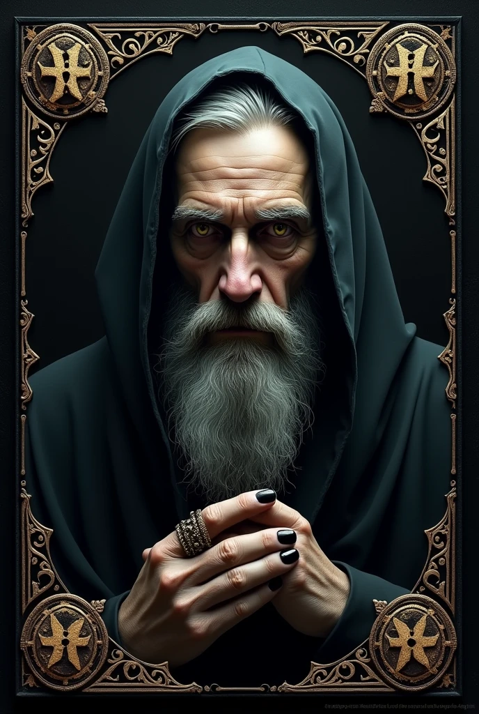 Create a macabre book cover of saint cyprian the legitimate black cover