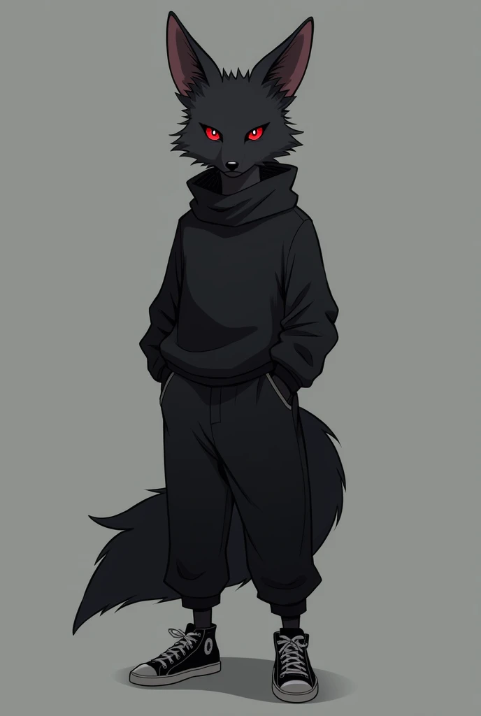 1guy, anime, black small male emotionless fox, below-average, furry, anthropomorphic, dark red eyes, handsome guy, with black sweater and long pants, sneackers, standing
