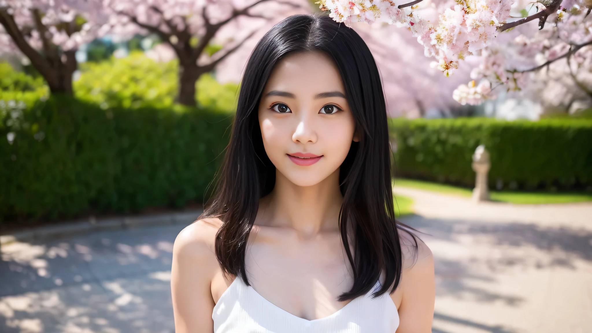 beautiful tween、(topless)、park with cherry blossom trees、(Slim, 34C breasts)、Photorealsitic、detaileds, Skin texture, Ultra-detail、Delicate and sexy collarbone、a smile、Super detailed face、detailed lips、A detailed eye、double eyelid、、straight black hair、hazel eyes, She holds her breasts between her arms and shows her cleavage to the camera.、Leaning forward
