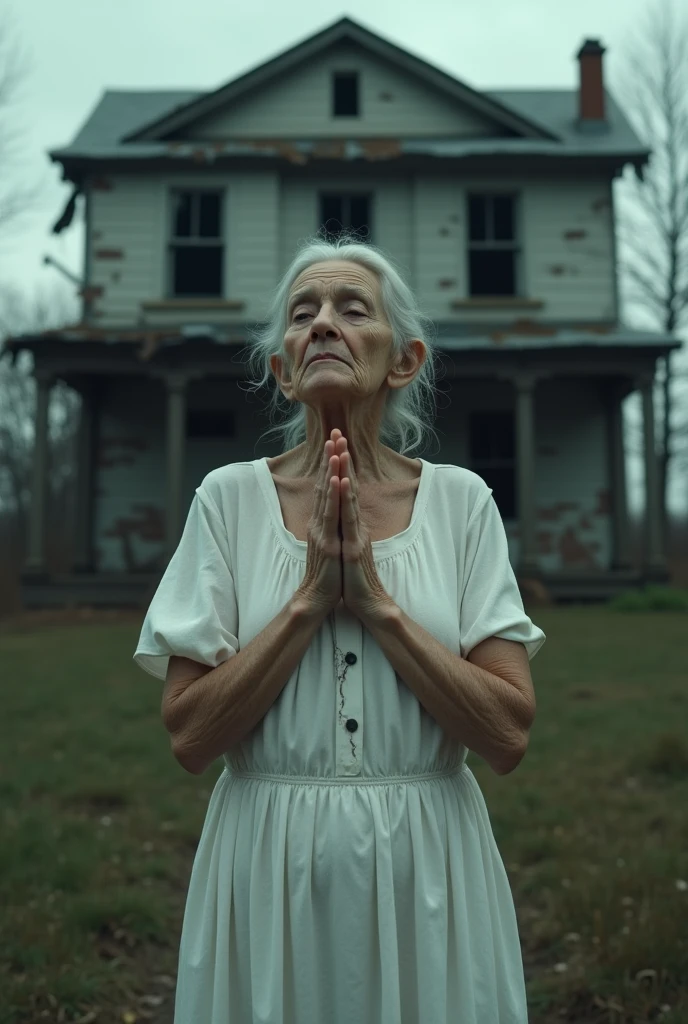 an old woman in a white dress prays with her hands raised, but with a face full of sorrow, The gloomy background of the house, wide side, full body, realistic, 4k