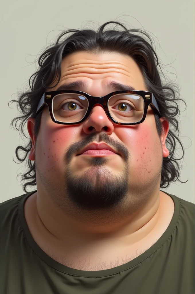 Fat college student with a lot of pimples, long hair with small beard and have reading glasses,