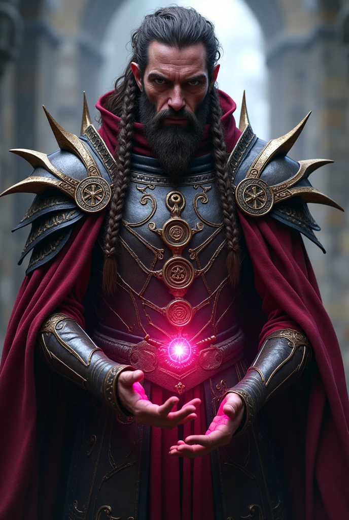 An adult tiefling man with light brown eyes, long dark brown hair with braids and a short beard. Magenta-skinned Tom, infernal numbers. Divine armor made of dark copper.