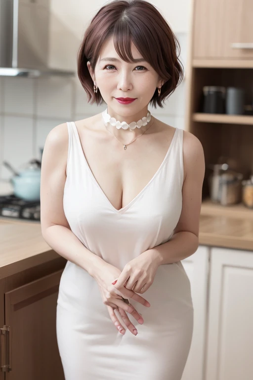 Beautiful and mature 55 year old Japanese woman, Married women, aunt, Fine Lines, Long eyelashes, Glowing Eyes, Short Bob Haircut, (choker), (Deep Red Lipstick), elegant, Slim figure, Rosy Cheeks, Pearl Necklace, Earrings, Cute Smile, Beautiful body lines, Cleavage, Full Body Focus, cleaning the house, 