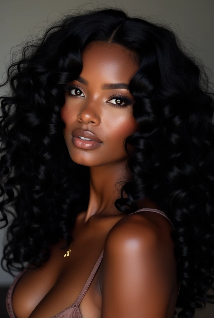  there is a black woman , the woman has curly black curly, she has brown skin, with dark brownish skin, with long curly, long black wet  bouncy curls, pretty lips, stylist model looking, promoting her hair