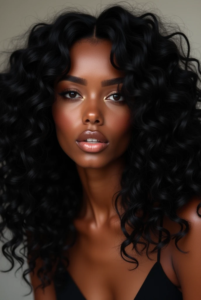 there is a black woman , the woman has curly black curly, she has brown skin, with dark brownish skin, with long curly, long black wet bouncy curls, pretty lips, stylist model looking, promoting her hair