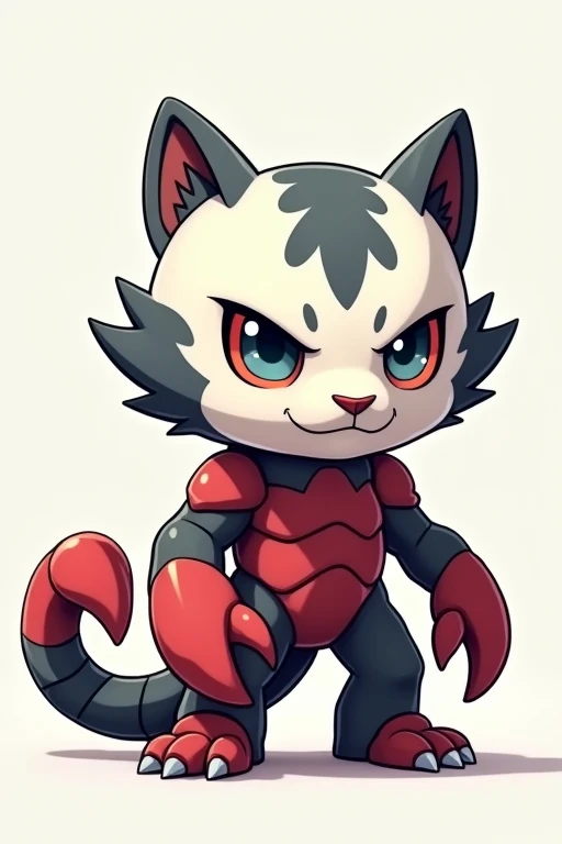 A small Chibi baby humaniod creature.
Appearance: a hybrid creature, half saber tooth tiger half scorpion .
The creature is mostly tiger but had scorpion like tail and claws.
The creature has a scorpion exoskeleton that looks like armor
The creature looks very menacing.
Style : cel shaded , 3d , anime, Full-body, t pose.
Colors: white , lite gray and dark gray , blood red
This is a digimon
