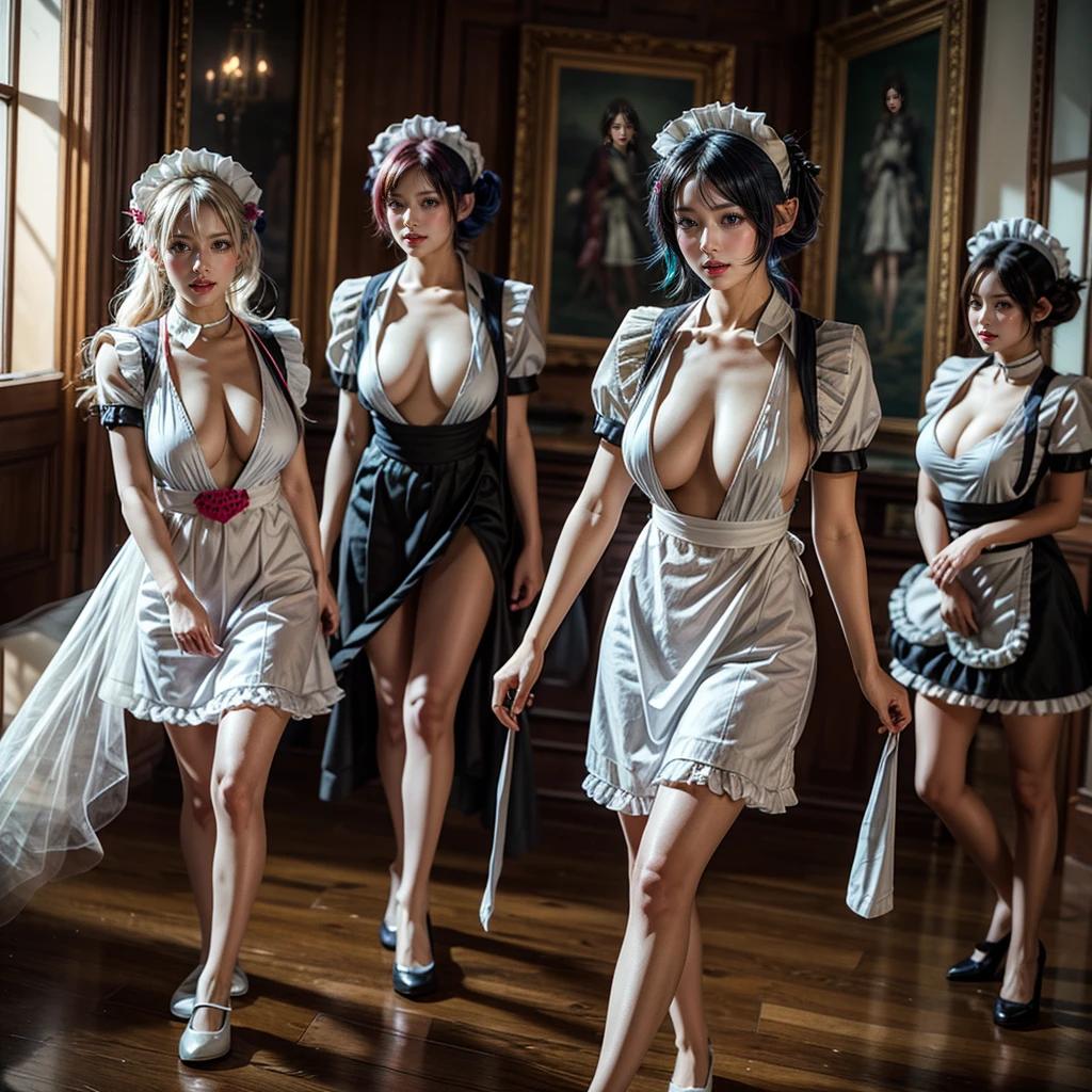 (Full Body of Extremely Detailed((Sexy Maid Group in a row:1.37))), KAWAII perfect face, Reflective Eyes, Detailed(Delicate Clothing textures), Correct Leg Line, Dynamic Joyful Expressions LifeLike Rendering, Specular Reflection, TopQuality 8K Ultra-detailed masterpiece (ProfessionalPhoto:1.37), (Acutance:0.8), (Luminism:1.28), Renaissance art style, Colorful Light particles, ((Full body from side)), {MicroMini Skirt|Kissing|Breast Lifting|Undressing|Thigh Gap|AssFocus|(NakedApron with Overflowing SideBoob)}, Radiant Fine Skin with Transparency, (Exposed:0.33), (Different types of Anime hair color){Pink Hair|Blue Hair|Platinum Blonde|Pure White Hair|Liquid Hair}, Perfect Lighting 