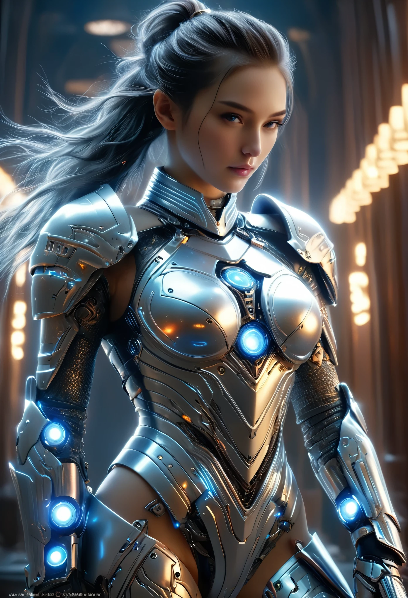 (Best Quality, 4K, 8K, High Resolution, Masterpiece: 1.2), (Super Detailed, Realistic, Photorealistic:1.37), A woman in futuristic clothing, (erotic and sexy:1.4), Trending on cgstation, Trending on cgstation, (Portrait of a girl in the Knights of the Zodiac:1.4), (blunt bangs:1.7), Cute Cyborg Girl, Perfect android girl, Portrait Astronaut Girl, Beautiful girl cyborg, Girl wearing iridescent and white mechanical cyber armor, Game CG, cgsociety and fenghua zhong, Beautiful Cyborg Shrine Maiden, Bioluminescence, (Gal Gadot:0.6), Anatomically correct grip, Anatomically correct four fingers and one thumb, (long claws:1.4), erotic and sexy, 