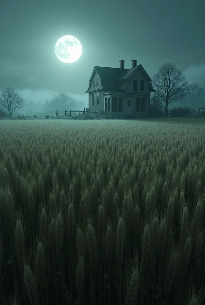 Create a highly realistic image of a vast field of grain bathed in soft moonlight. The field should have tall, slightly swaying stalks of grain, creating subtle shadows in the pale light. In the distance, there is an old, eerie country house with peeling paint and broken windows. The house should look abandoned, with an overgrown, neglected garden and a rickety wooden fence. The moonlight should cast long, haunting shadows across the field and the house, emphasizing the creepy, ghost story atmosphere. Include a faint mist rising from the ground, and perhaps a hint of movement or a shadowy figure in one of the house's windows to add a touch of mystery.
