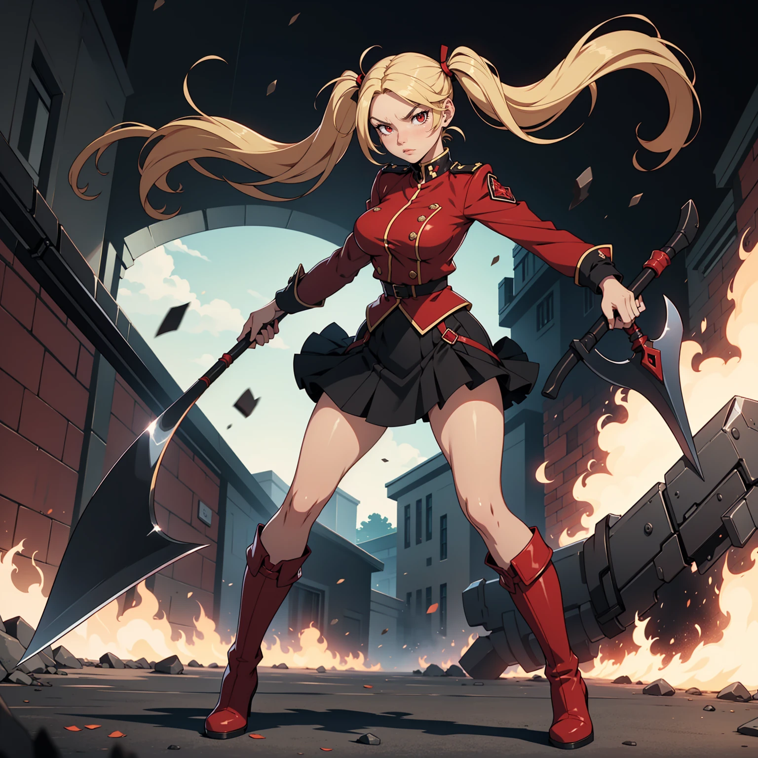 Very detailed, serious facial expression, figure, full body view, blonde hair with twintails, red eyes, looking at viewer, black and red uniform, skirt, black boots, attack pose, holding scythe.