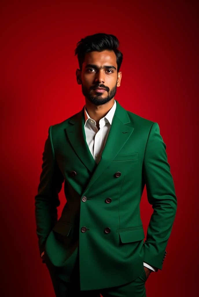 A indian suit wearer his suit color is green and his age will be 23 and he is beautiful and He will have the chance to seep the cream and he will have no beard on his glasses posing for likeedin red light in background