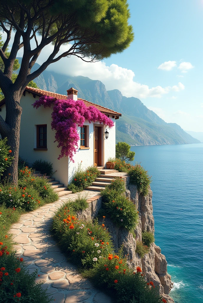 I need an image of a one-story white rustic house with a Mediterranean-style roof on a cliff by the sea, with lush trees and a garden with exotic flowers and a well-trimmed lawn., that it has bougainvillea on the walls and that they are of different colors