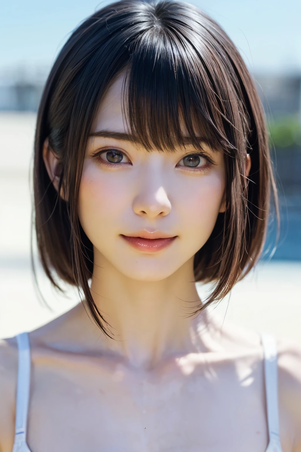 ((masterpiece, Highest quality, High resolution、Realisticですべてが美しく詳細に描かれている)), 1 person, (Realistic: 1.4), alone, White Background, snow-White Background, Mouth closed, smile, smile, Beautiful black hair, short hair, Big eyes, Transparent double eyelids, eyelash, Listen carefully, Long neck, 美しくLong neck, Absolute area, ((Face close-up)), (Draw the whole head, shoulder), 19 years old, Attractive proportions, Glowing Skin, Beautiful clavicle, Golden ratio face, Perfect Face, Teardrop-shaped mole, chestのほくろ, bangs, clean bangs, beautiful bangs, Lip gloss, Thin lips, Fair skin, naked, Big Breasts, {Huge|big|Hugeな|Mega} chest:2, chestの谷間:2,chestの谷間を見せる、Small face, Small face, All the heads are painted, shoulder all drawn, Point slightly above the camera