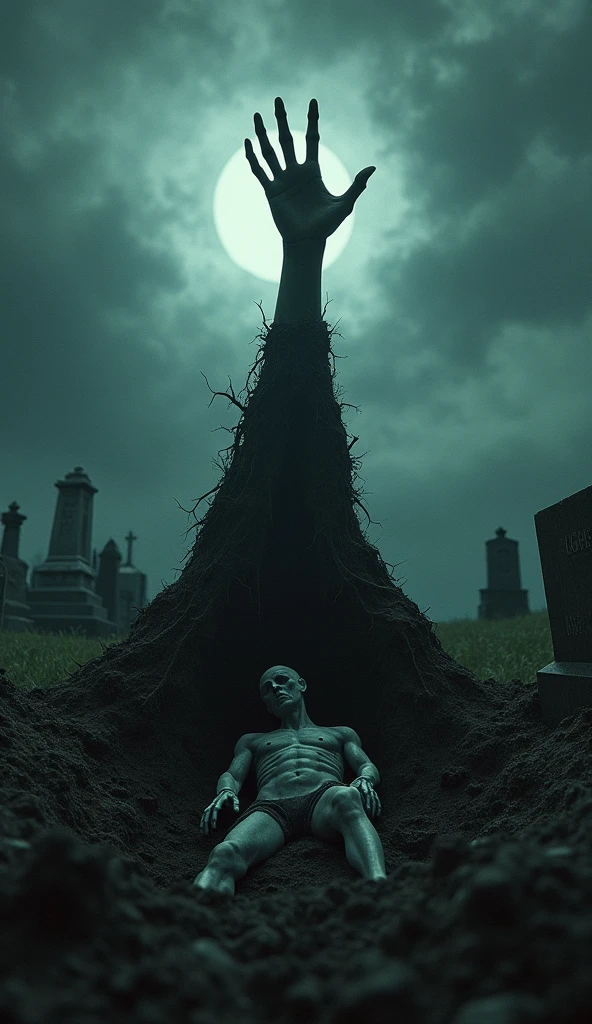 a hand taking a person out of a grave.