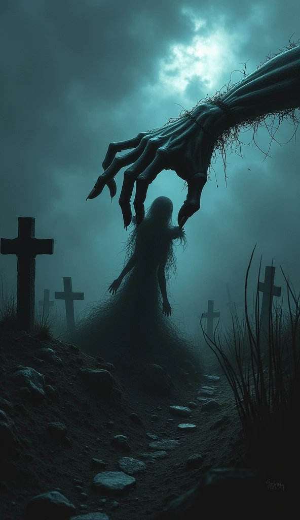 a hand taking a person out of a grave.