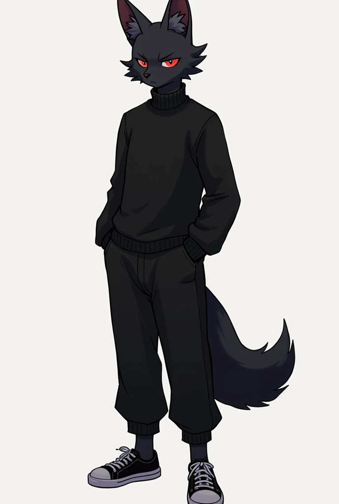 1guy, anime, black small male emotionless fox, below-average, furry, anthropomorphic, dark red eyes, handsome guy, with black sweater and long pants, sneackers, standing