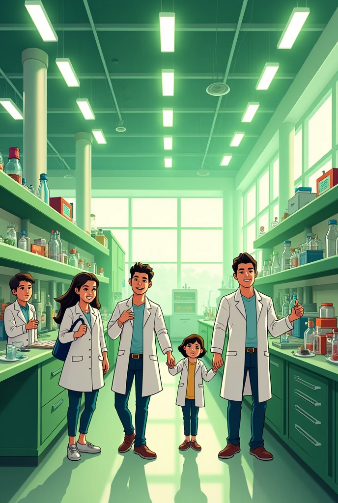crete an single image of a visit of parents of laboratory workers in a refinery of Ecopetrol , in barrancabermeja. Include laboratory workers with white coats, children, wife, housband, grandfather, grand mother, inside of laboratory, toon, vivid color, specially green , not too detailed, called "ECO FEST", toon