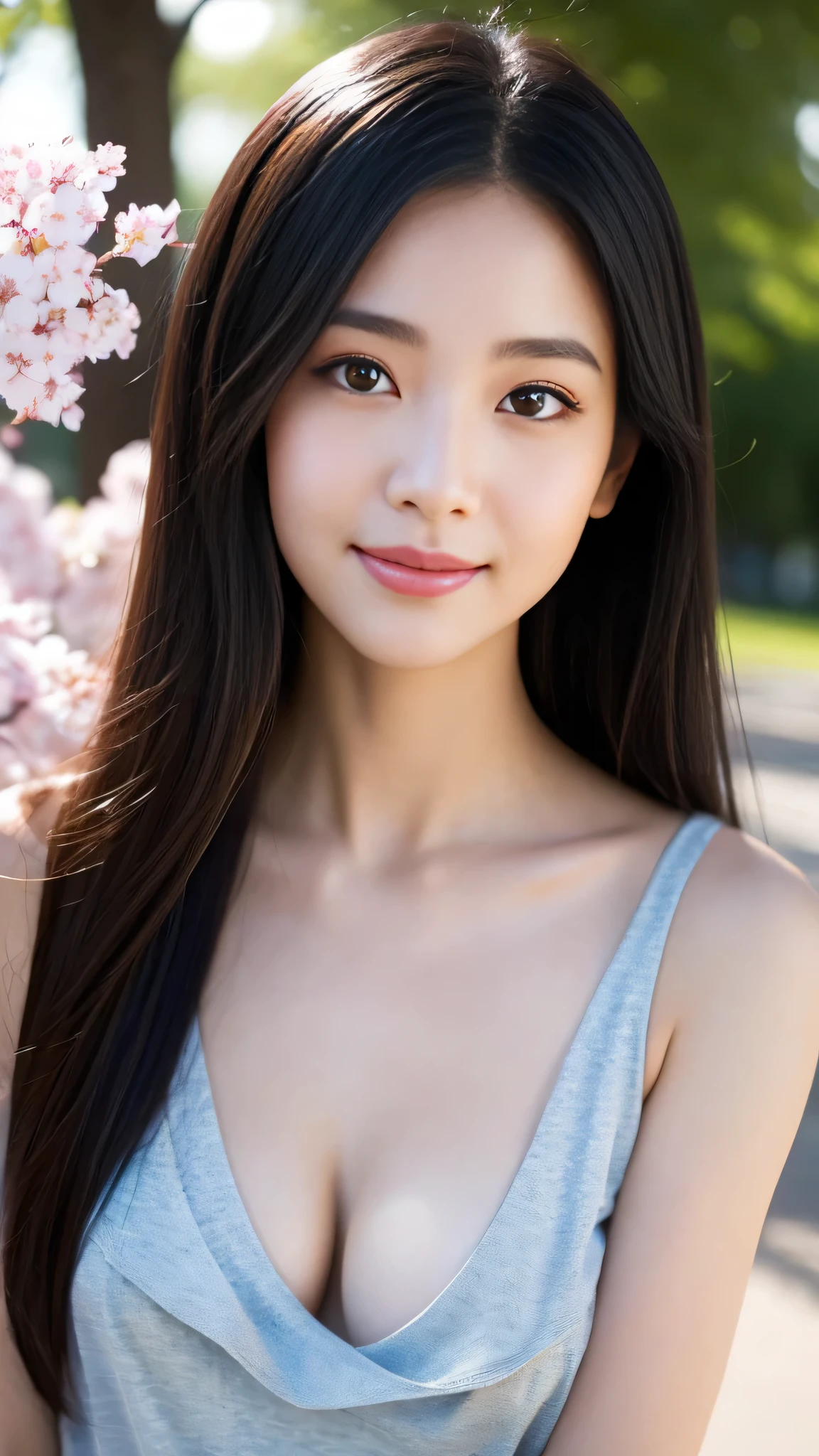 beautiful tween、(topless)、park with cherry blossom trees、(Slim, 34C breasts)、Photorealsitic、detaileds, Skin texture, Ultra-detail、Delicate and sexy collarbone、a smile、Super detailed face、detailed lips、A detailed eye、double eyelid、13 years old、straight black hair、hazel eyes, She holds her breasts between her arms and shows her cleavage to the camera.、Leaning forward 