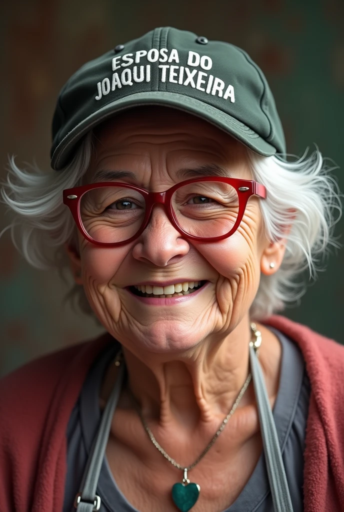 a one woman, elderly, white  hair, fulfilled, smiling with slightly yellow teeth, wearing glasses with thick red lenses, sobrepeso, wearing a cap that says ESPOSA DO JOAQUIM TEIXEIRA. 