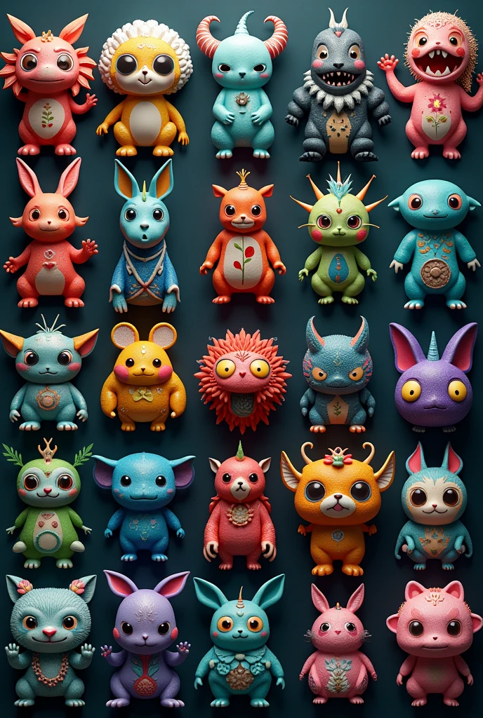icon collection arranged in a grid of a set of different colored creatures in different shape designs,concept art,dark matter art,detailed botanical studies,detailed character illustrations,detailed miniatures,detailed painting,flower and nature motifs,fragmented icons,in the style of hyper-realistic still life,in the style of hyperrealistic illustrations,in the style of photorealistic compositions,in the style of surreal cyberpunk iconography,lightbox,moody color schemes,neogeo,shaped canvases,unusual cropping,urban-inspired murals,vibrant palette,voxel art,colorful mindscapes,colorful costumes,cryengine,in the style of colorful fantasy,in the style of colorful fantasy realism,in the style of fantastical and imaginative creatures,in the style of highly detailed foliage,inventive character designs,joyful celebration of nature,made of flowers,nature-inspired installations,organic chaos,whimsical weavings,twisted branches,thick texture,sketchfab,primitivist realism ,
