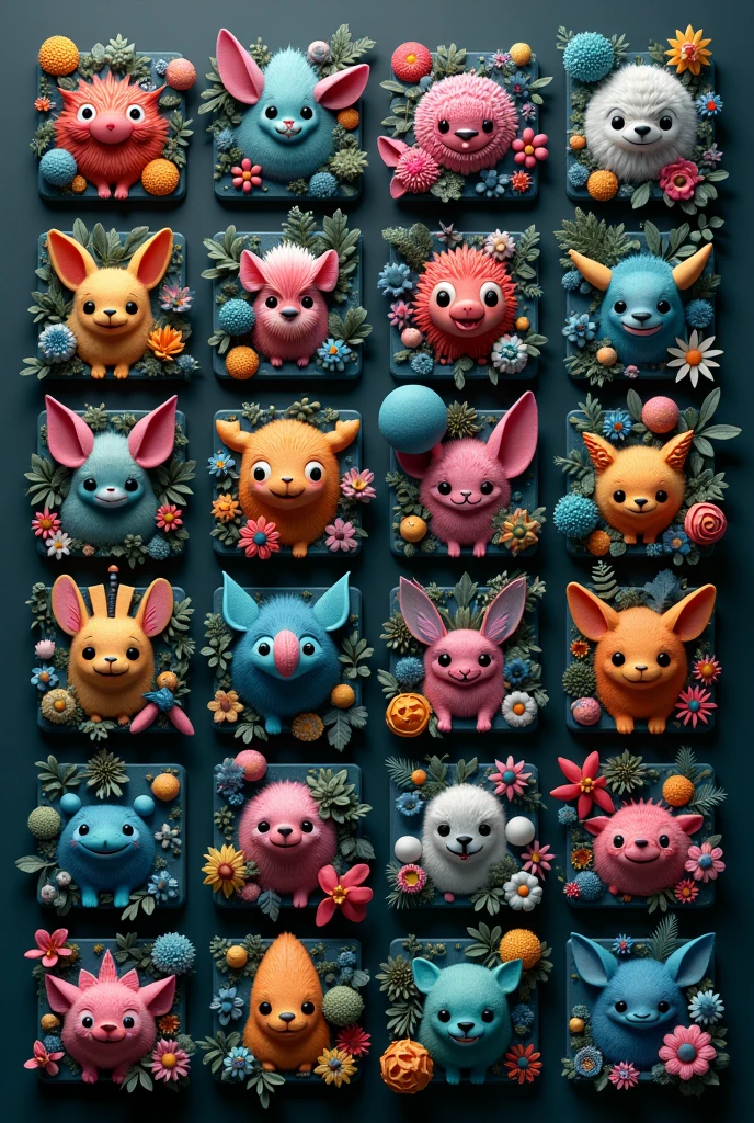 icon collection arranged in a grid of a set of different colored creatures in different shape designs,concept art,dark matter art,detailed botanical studies,detailed character illustrations,detailed miniatures,detailed painting,flower and nature motifs,fragmented icons,in the style of hyper-realistic still life,in the style of hyperrealistic illustrations,in the style of photorealistic compositions,in the style of surreal cyberpunk iconography,lightbox,moody color schemes,neogeo,shaped canvases,unusual cropping,urban-inspired murals,vibrant palette,voxel art,colorful mindscapes,colorful costumes,cryengine,in the style of colorful fantasy,in the style of colorful fantasy realism,in the style of fantastical and imaginative creatures,in the style of highly detailed foliage,inventive character designs,joyful celebration of nature,made of flowers,nature-inspired installations,organic chaos,whimsical weavings,twisted branches,thick texture,sketchfab,primitivist realism ,