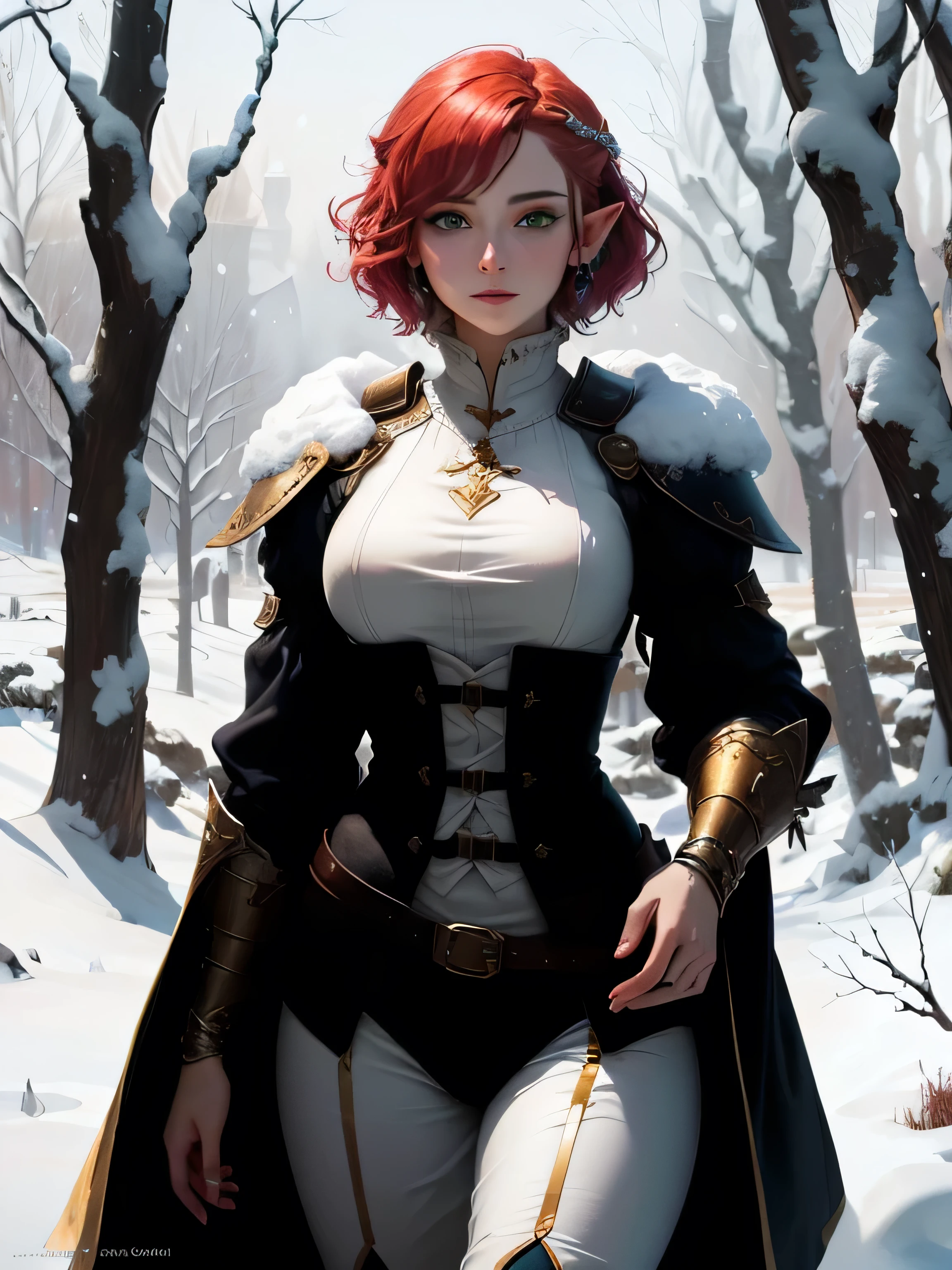 Close-up de uma elfa de 18 anos, painted in arcane style and with an aesthetic inspired by Demon Slayer + She is a beautiful woman with flowing red hair, wearing a light medieval-style garment + The portrait captures her beautiful and sweet appearance + with snow covered trees in the background + The style is inspired by Kris from Deltarune + It features a character art of D&d + They have green eyes and delicate, pointed ears + Directed by Tyler Jacobson, with vibrant colors and a snowy background