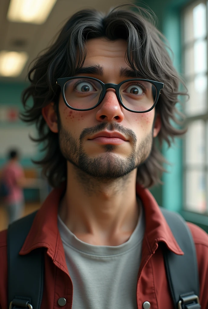 Medium Fat high school student with a lot of pimples, long hair with small beard and have reading glasses,