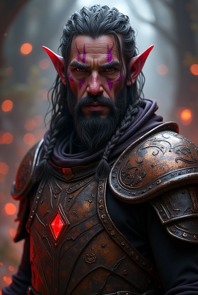 An adult tiefling with light brown eyes, long dark brown hair with braids and a short beard. Magenta-skinned Tom, infernal numbers. Armor made of dark copper.