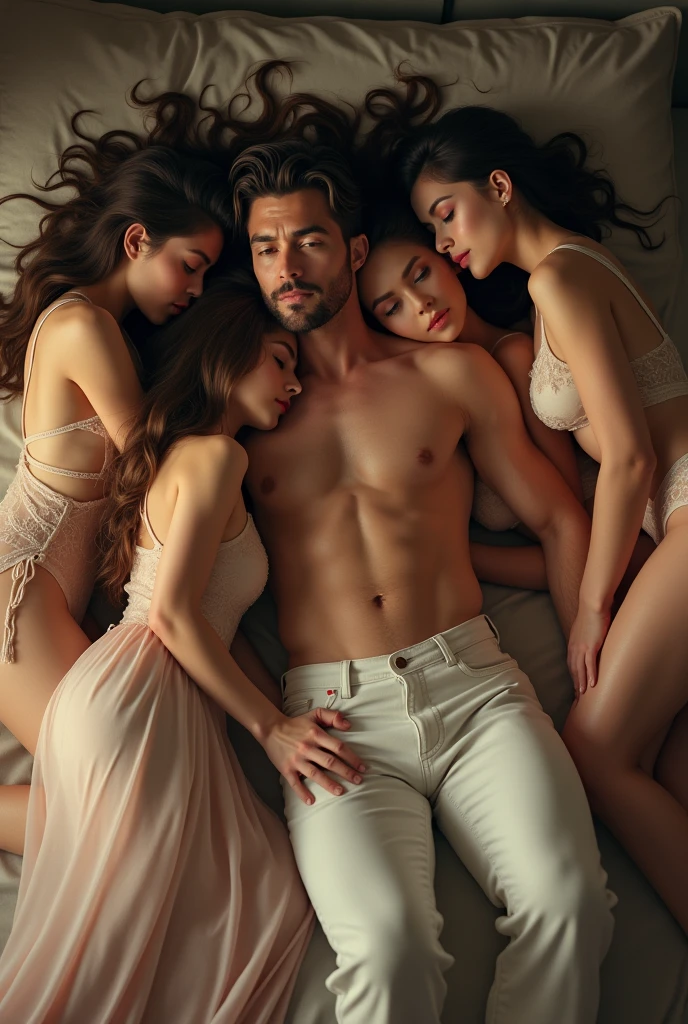 A man with 4 women resting on a bed