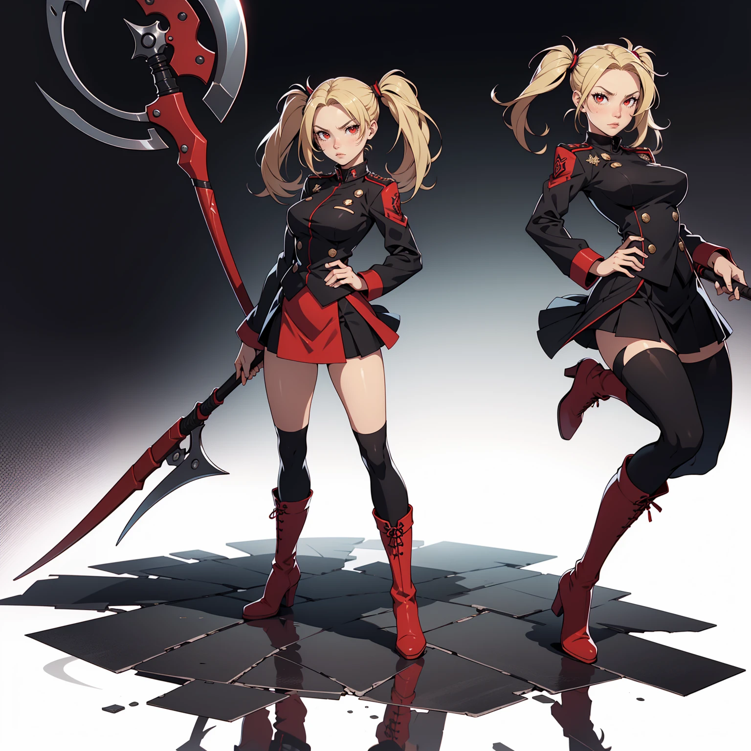 Very detailed, serious facial expression,  figure, full body view, blonde hair with twintails, red eyes, looking at viewer, black and red uniform, skirt, black boots, combat pose, holding scythe with both hands.