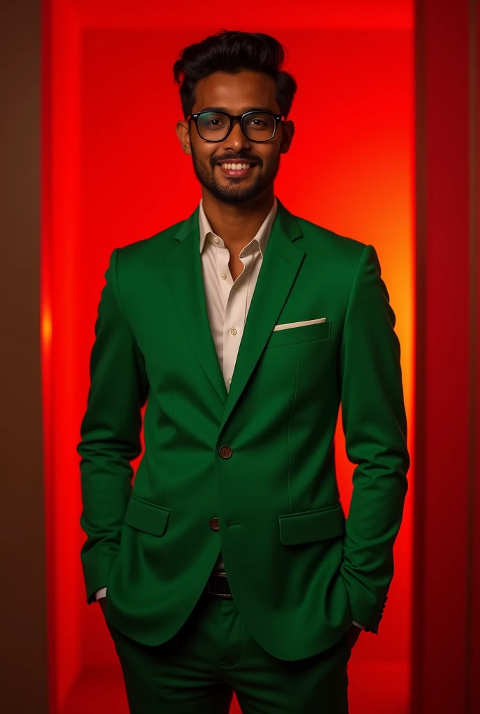 A indian suit wearer his suit color is green and his age will be 23 and he is beautiful and he is handsome boy and He will have the chance to seep the cream and he will have no beard on his glasses posing for likeedin red light in background