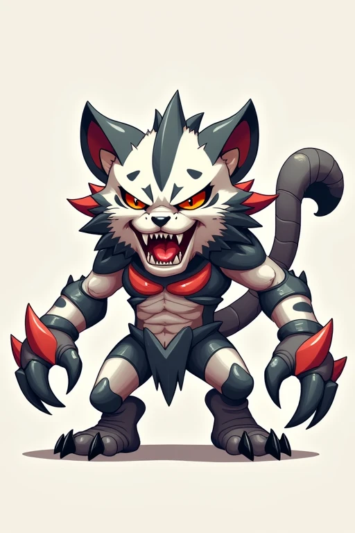 A small Chibi baby humaniod creature.
 Appearance: a hybrid creature,  half saber tooth tiger half scorpion .
The creature is mostly tiger but had scorpion like tail and claws.
The creature has a scorpion exoskeleton that covers the chest claws and tail.
The creature looks very menacing.
 Style : cel shaded , 3d , anime, Full-body,  t pose.
Colors: white , lite gray and dark gray , blood red

This is a digimon 