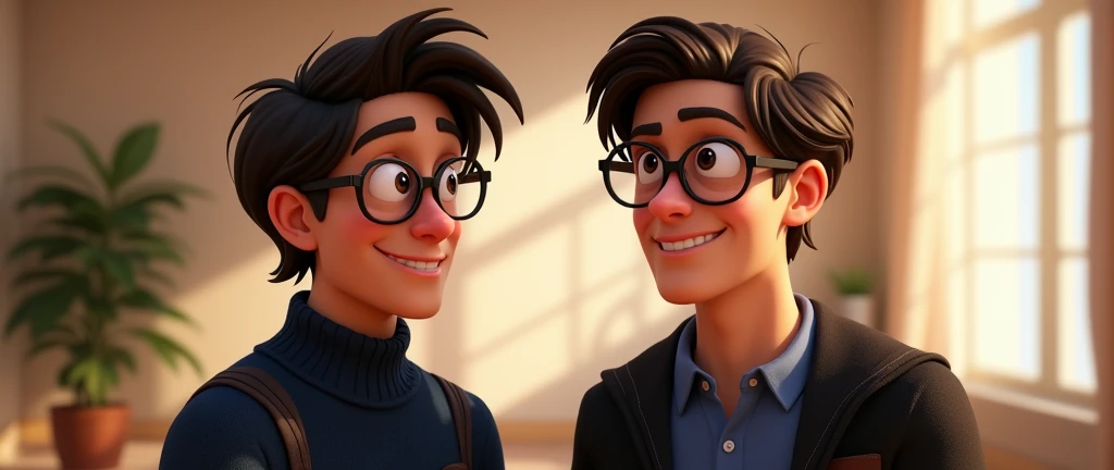 a male animated movie character in the Disney Pixar style, high qualiy, best quality , black fleece sweater blue shirt , Wear nerd glasses,  , long  hair , Happy young man   , com seu amigo ao lado , estão conversando sobre amizade, estão alegres, um deles tem uma chave de carro nas mãos 